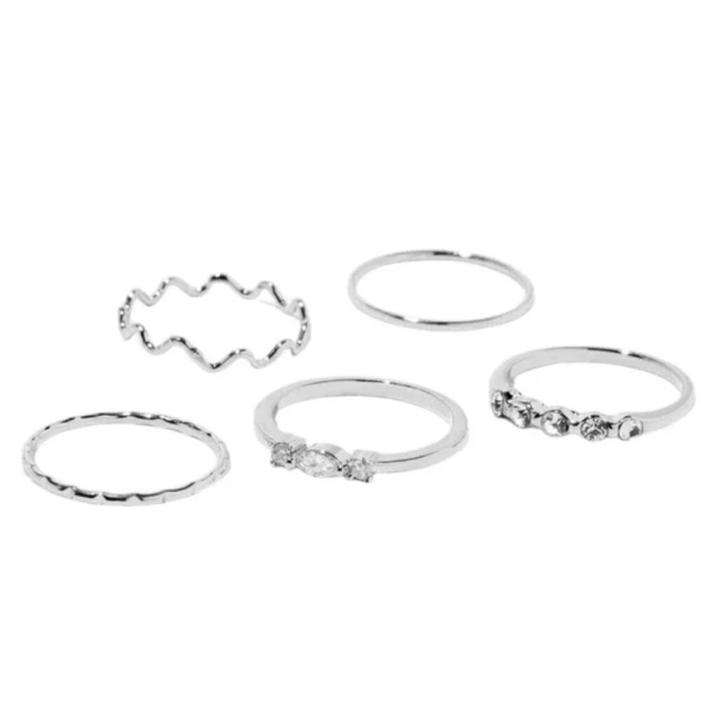 SILVER ZIG ZAG CUBIC ZIRCONIA RINGS - 5 PACK
